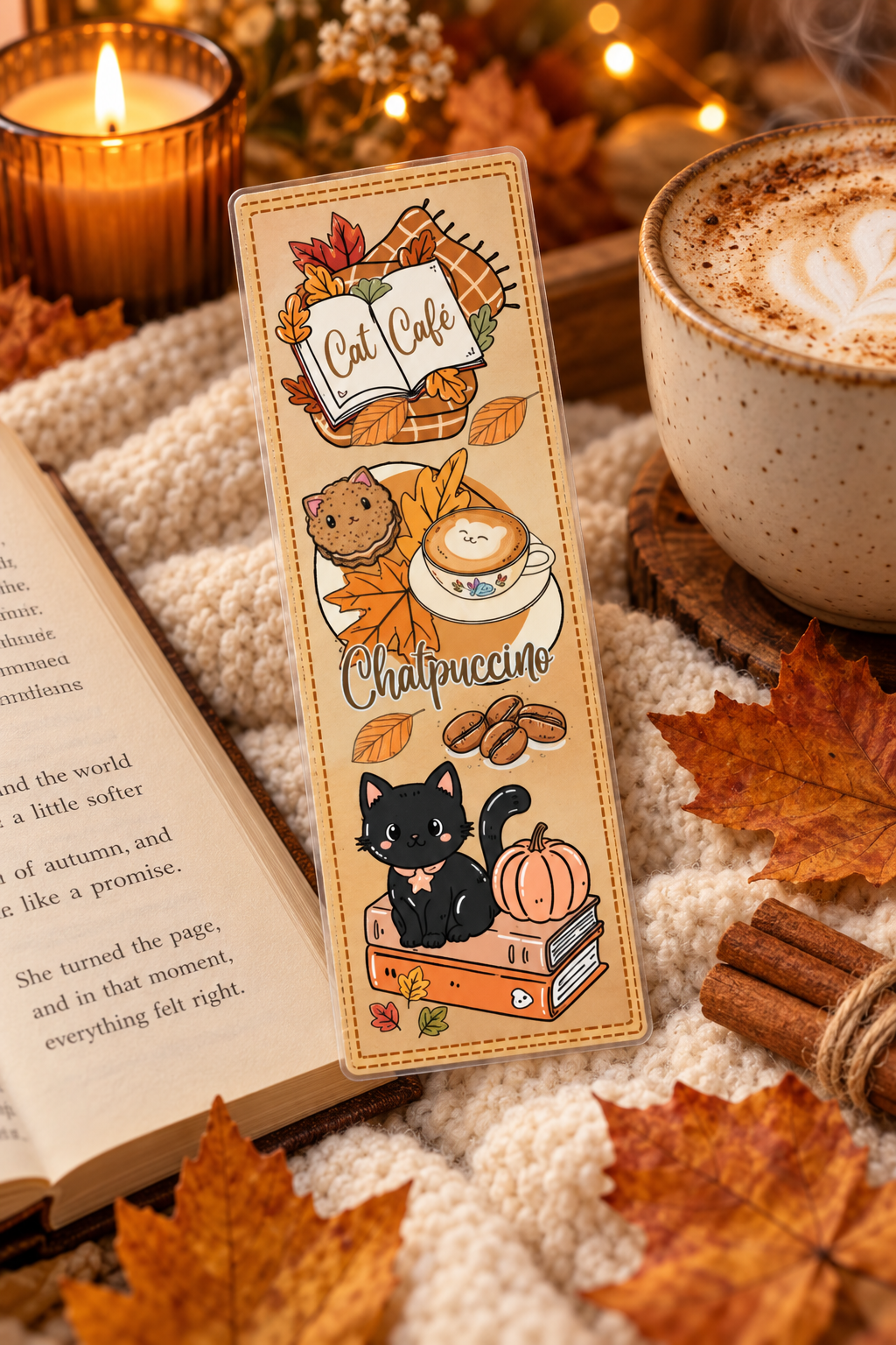 Marque-pages Chat d’automne – Lecture cosy Ninimagine