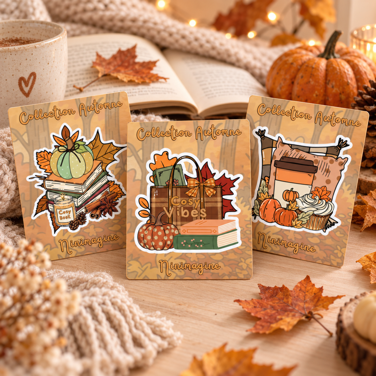 Stickers automne cosy – Livres, citrouilles et ambiance cocooning Ninimagine