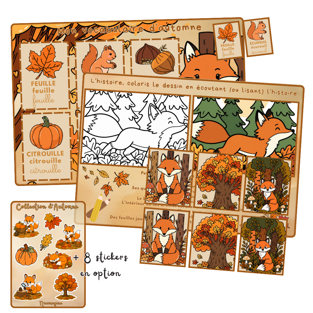 Box d’activités d’automne pour enfant avec cartes de vocabulaire, coloriage-histoire du renard, jeu de memory et 8 stickers en option.