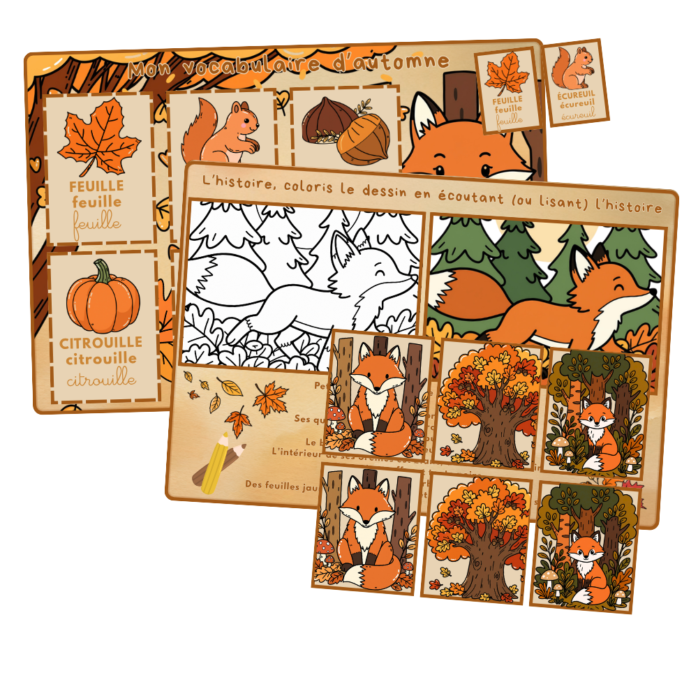 Box d’activités d’automne pour enfant — Vocabulaire, coloriage et memory Ninimagine