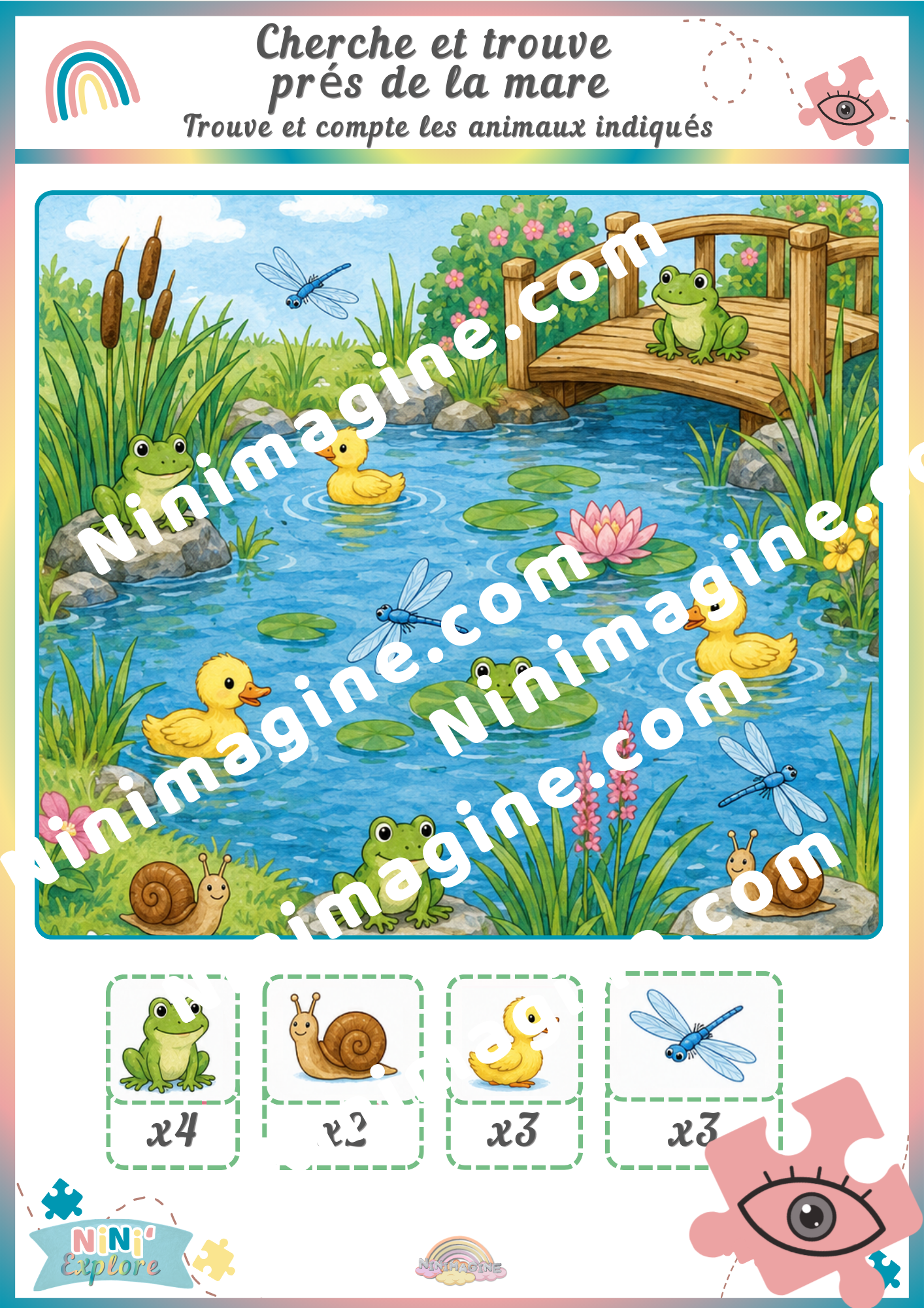 Cherche et trouve près de la mare – Observe et compte Ninimagine