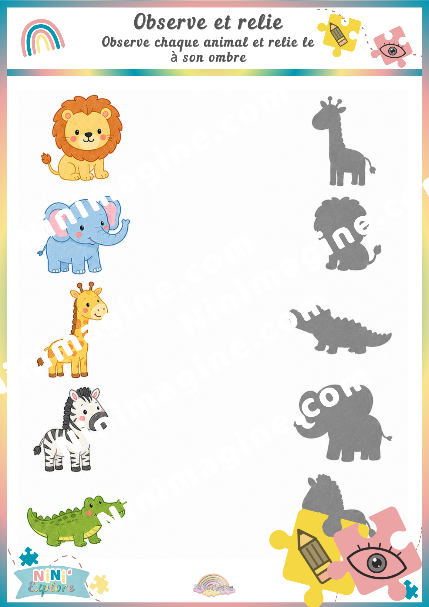 Observe et relie – Les animaux et leurs ombres Ninimagine
