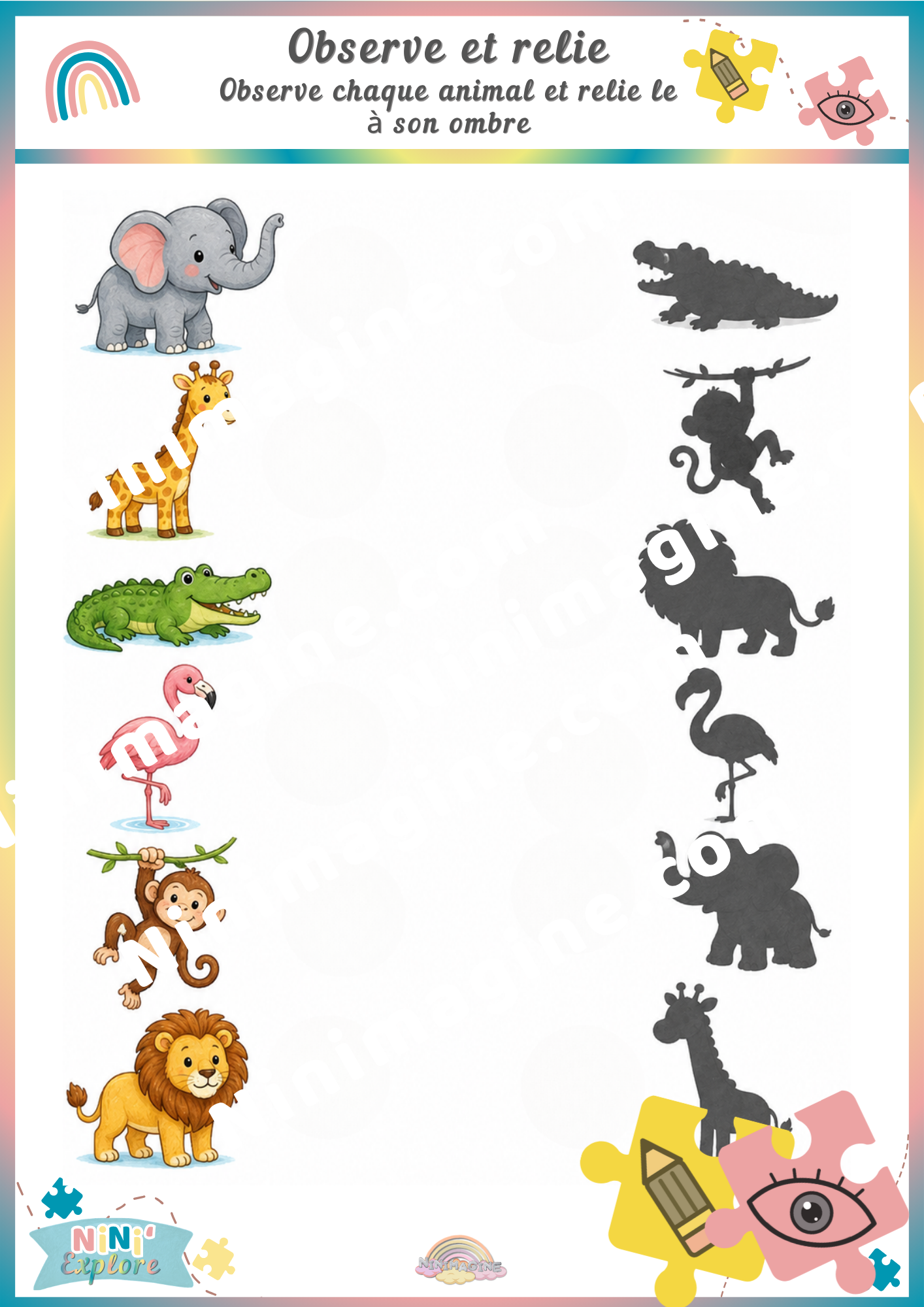 Animaux de la savane et leurs ombres – Observe et relie Ninimagine