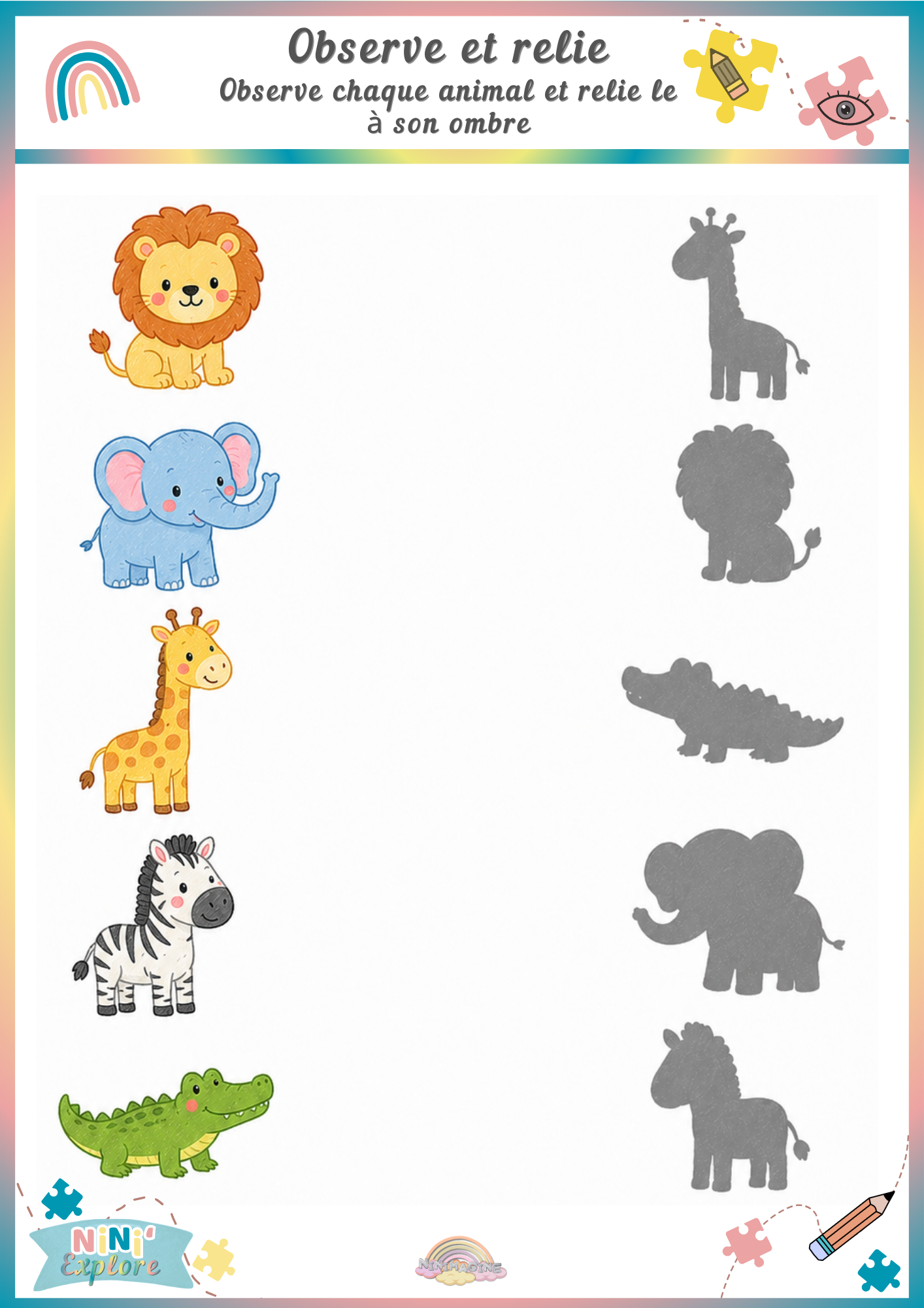 Observe et relie – Les animaux et leurs ombres Ninimagine