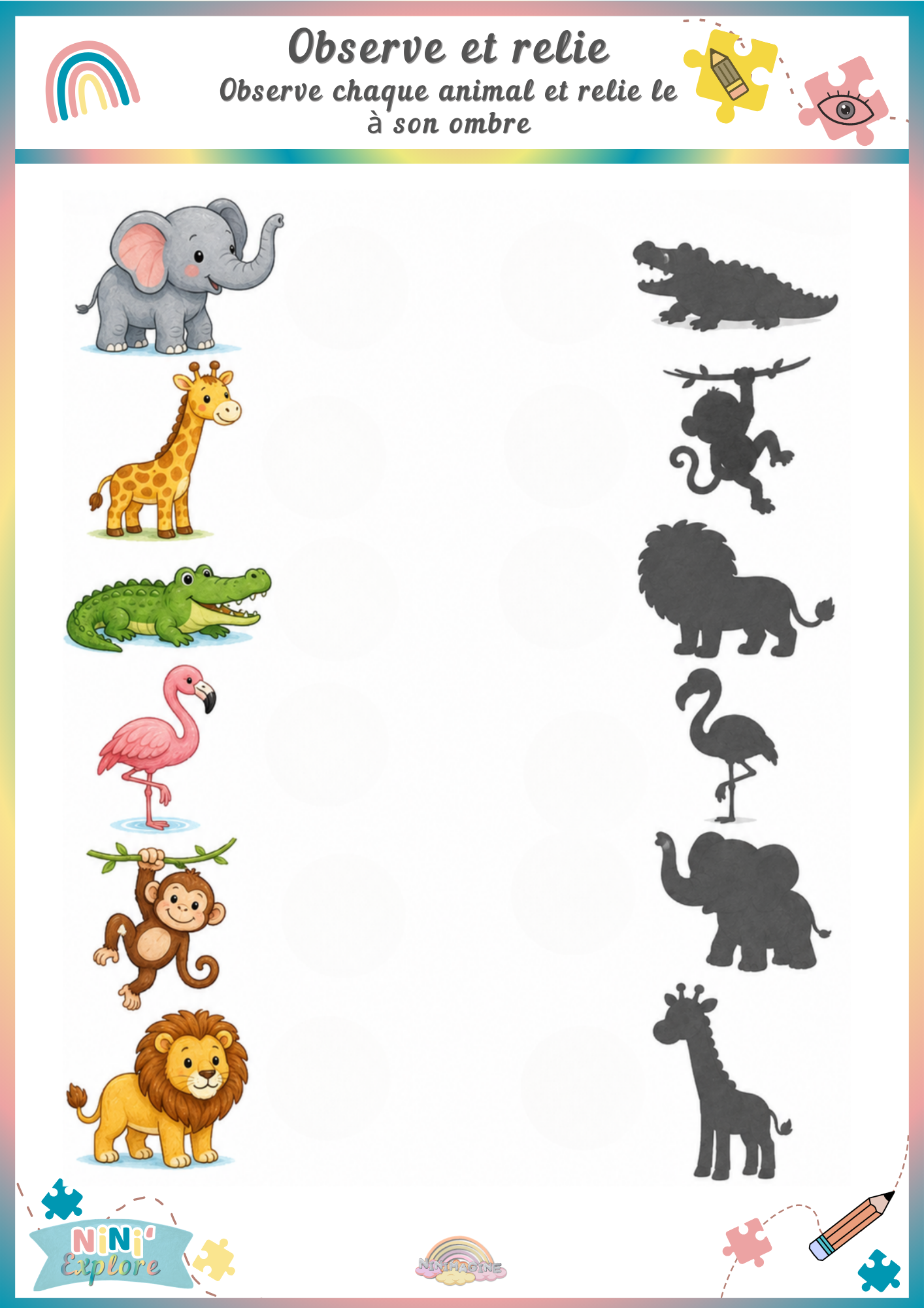 Animaux de la savane et leurs ombres – Observe et relie Ninimagine