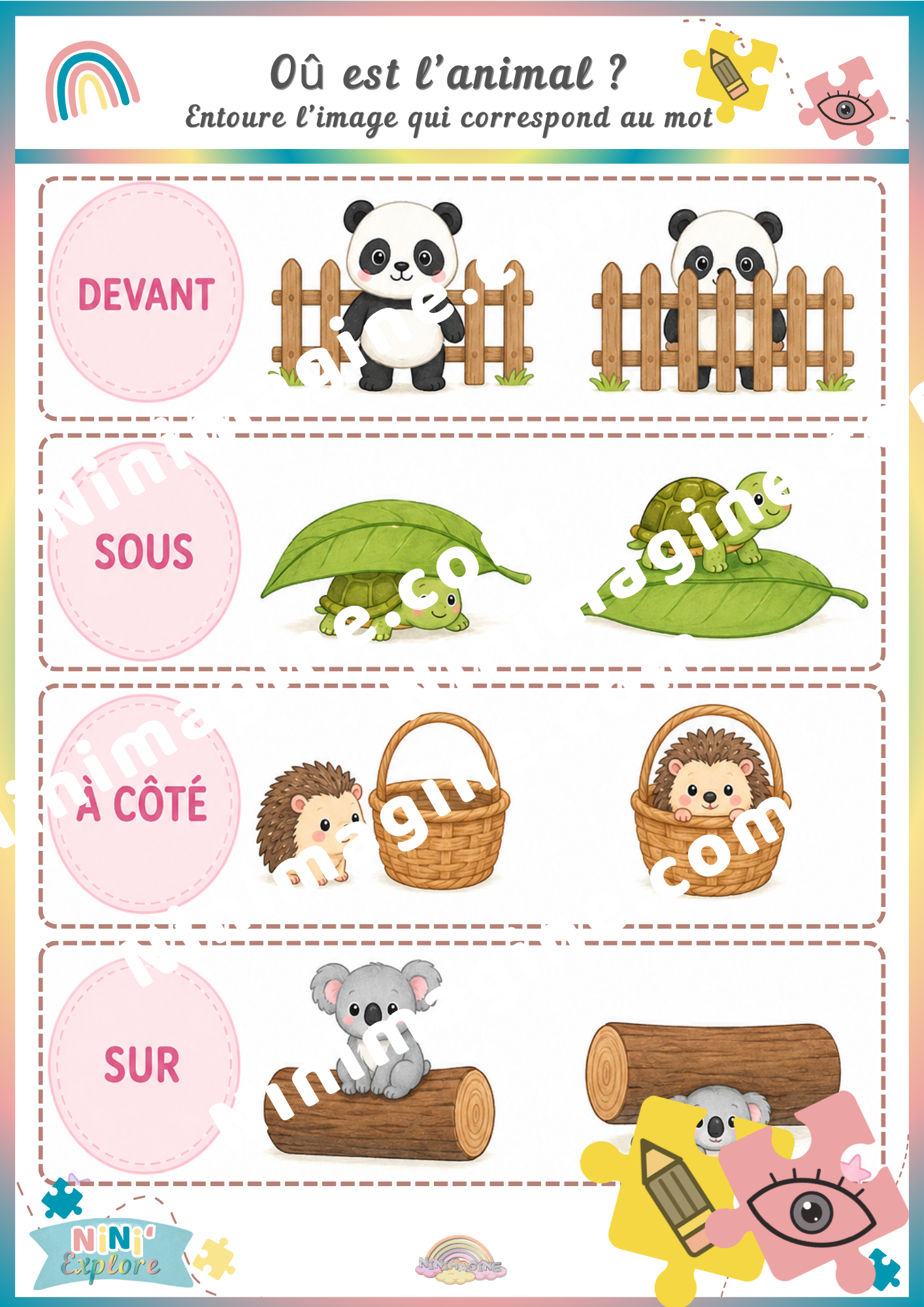 Où est l’animal ? – Devant, sous, à côté et sur Ninimagine