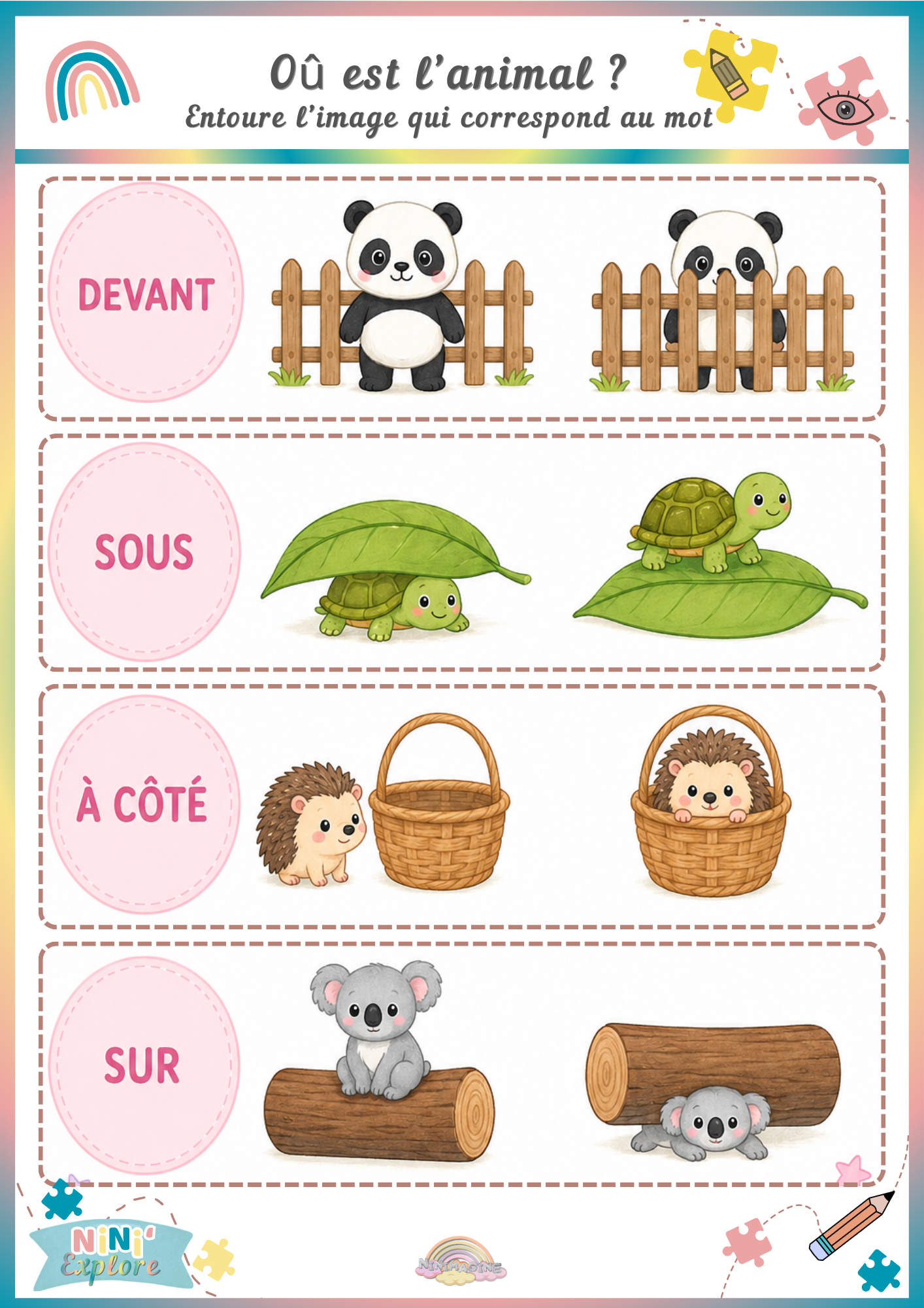 Où est l’animal ? – Devant, sous, à côté et sur Ninimagine