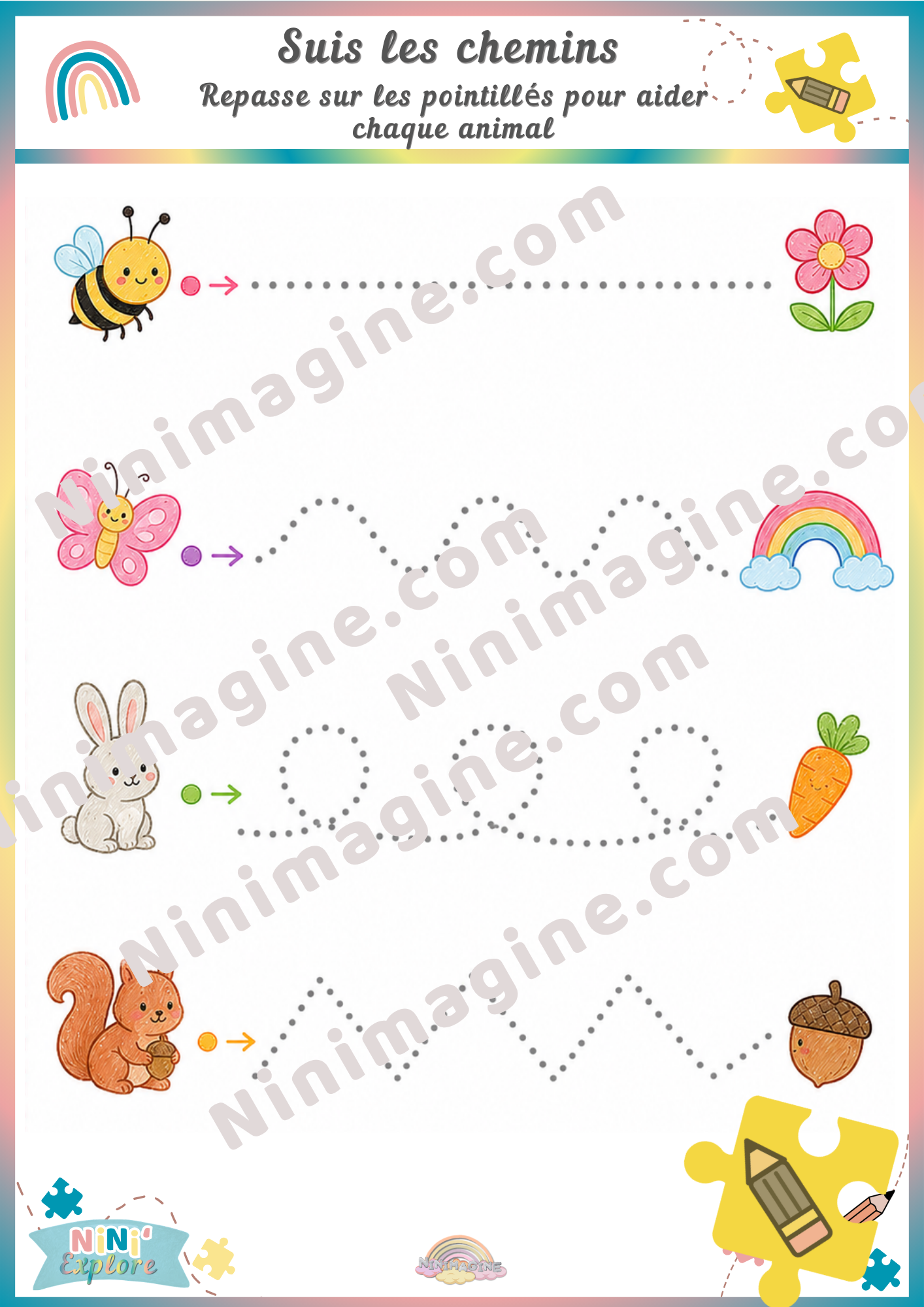 Fiche de graphisme maternelle – Suis les chemins Ninimagine