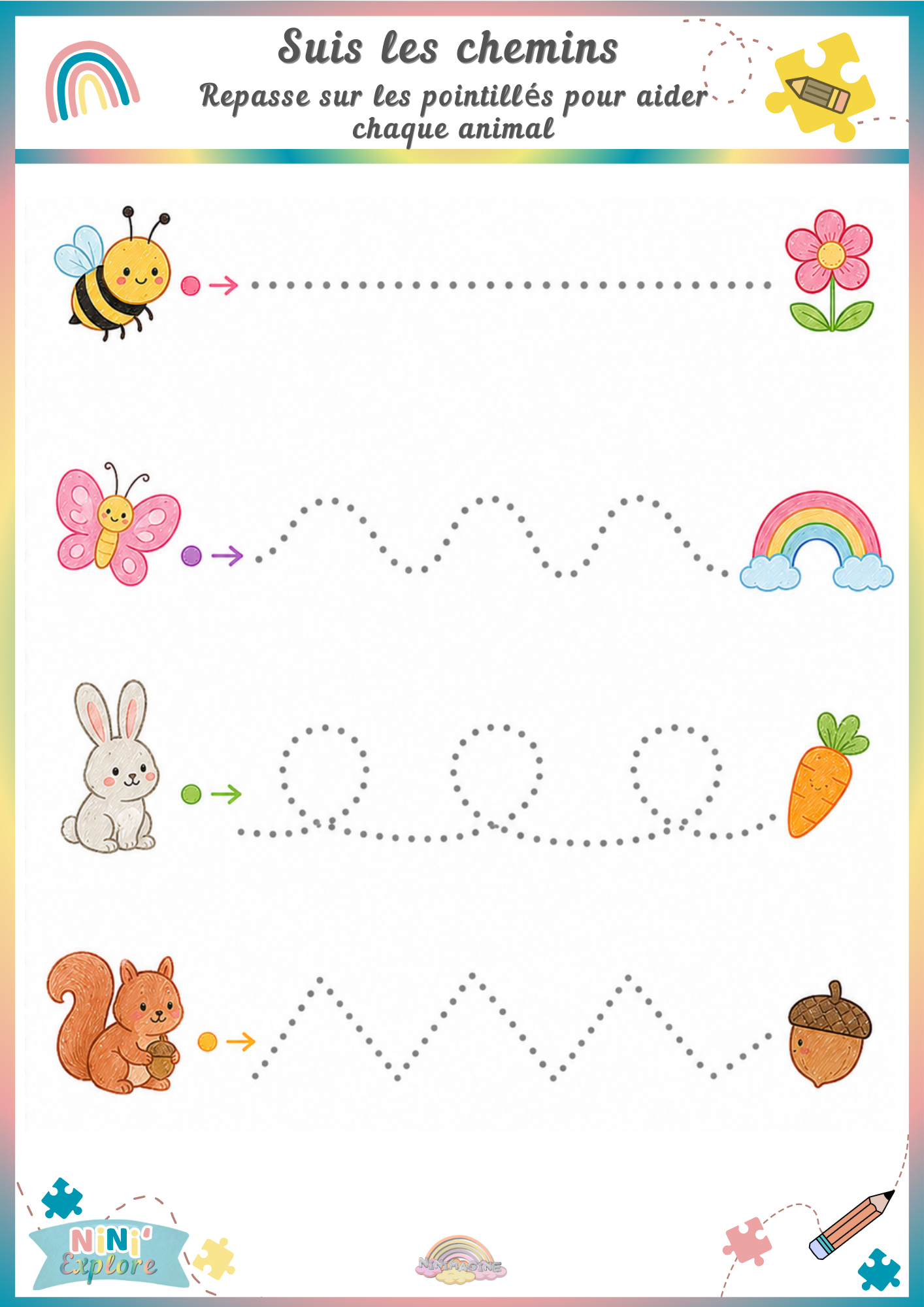 Fiche de graphisme maternelle – Suis les chemins Ninimagine